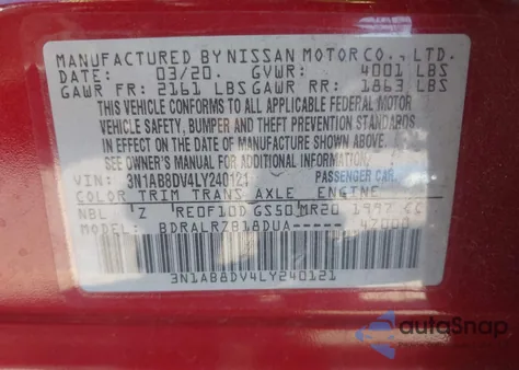 2020 Nissan Sentra Sr Xtronic Cvt z USA, uszkodzony, nr VIN 3N1AB8DV4LY240121